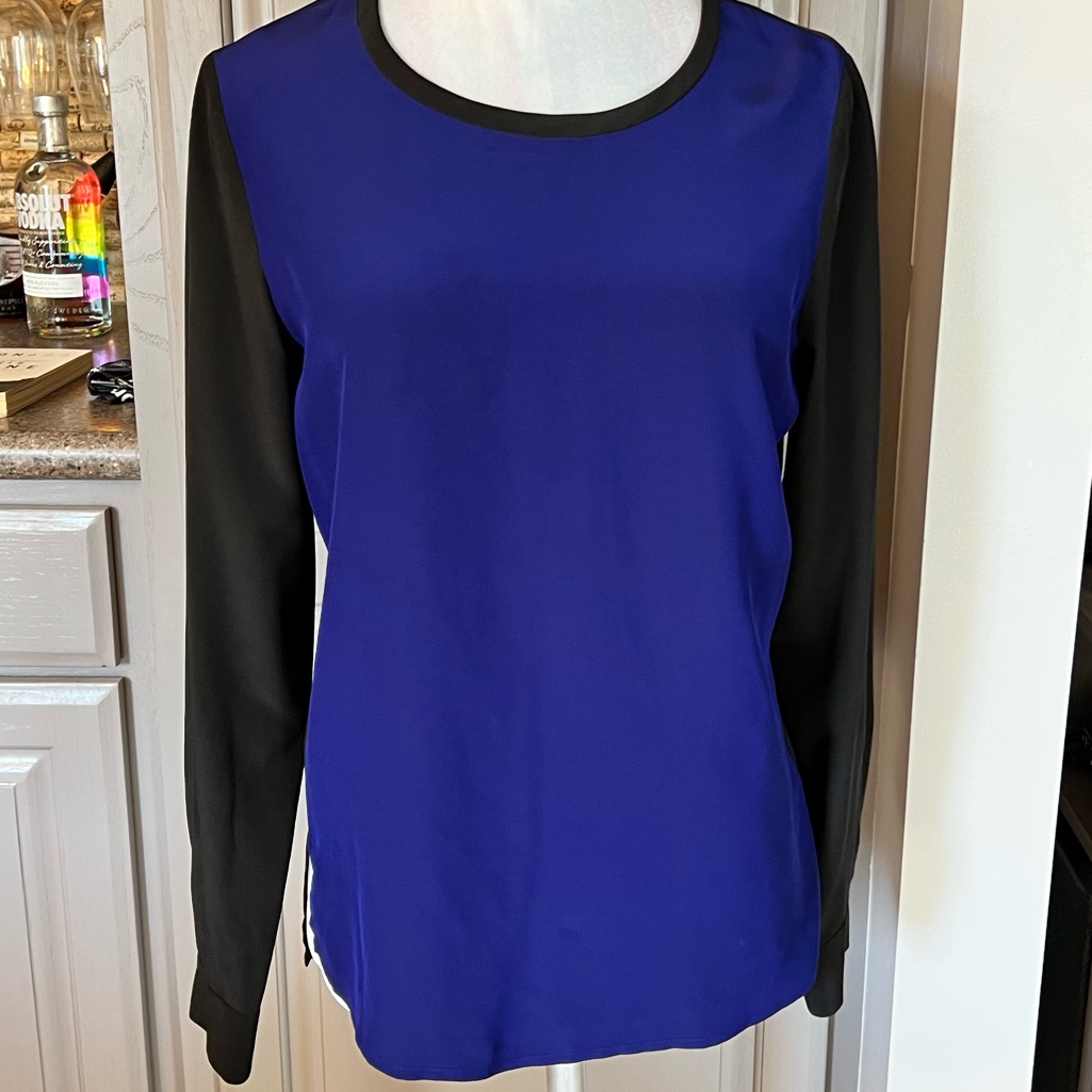 Diane Von Furstenberg Black And Royal Blue Colorblock Long Sleeve Silk Blouse
